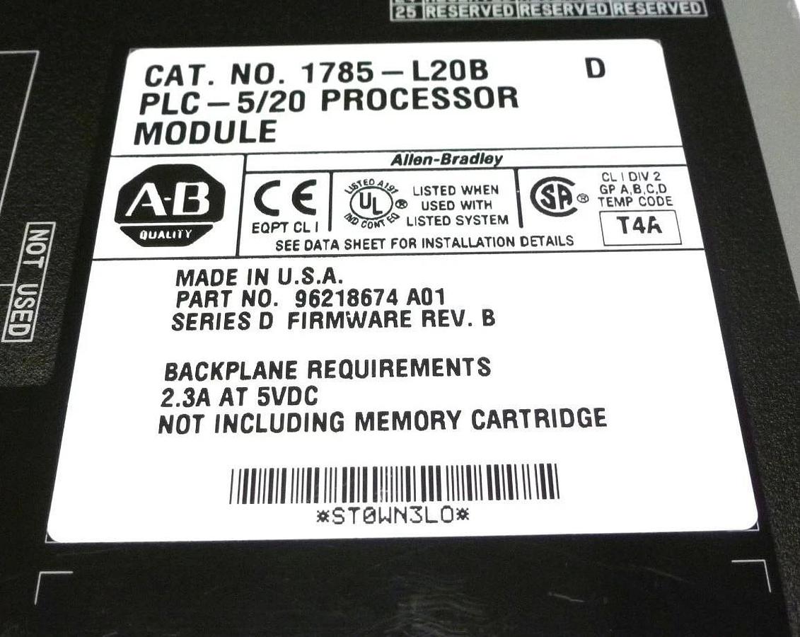 Used ALLEN BRADLEY 1785-L20B SER D PLC-5/20 PROCESSOR MODULE FIRMWARE REV. B 1785L20B