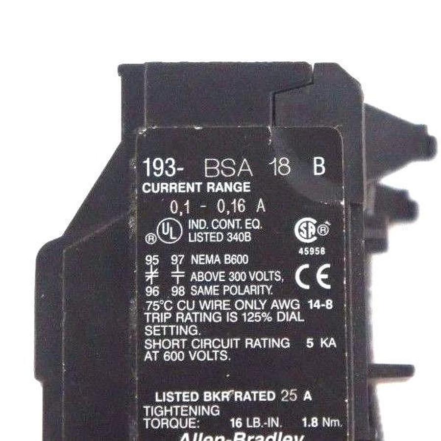 Used ALLEN BRADLEY 193-BSA18 OVERLOAD RELAY SER. B, 0.1-0.16 A, 193BSA18