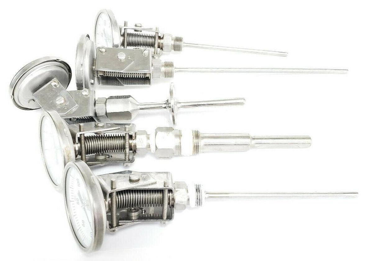 Used LOT OF 5 TAYLOR BI-THERM THERMOMETERS -50-50DEG C & 20-120DEG C, VARIOUS LENGTHS