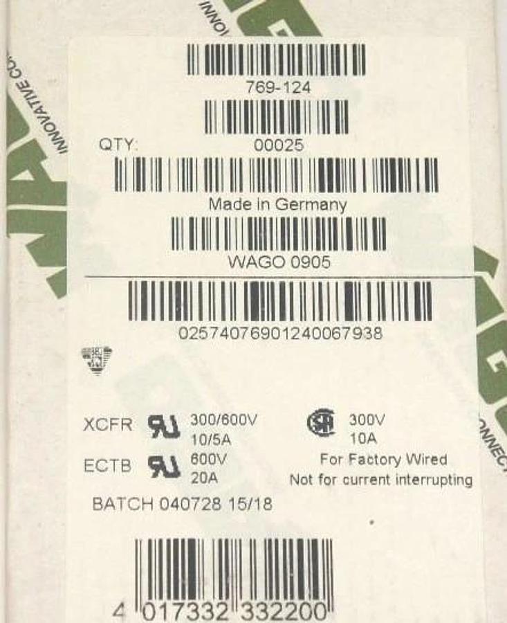 Used NIB WAGO 769-124 FEMALE PLUGS 2 COND. 4 POLE (BOX OF 25)