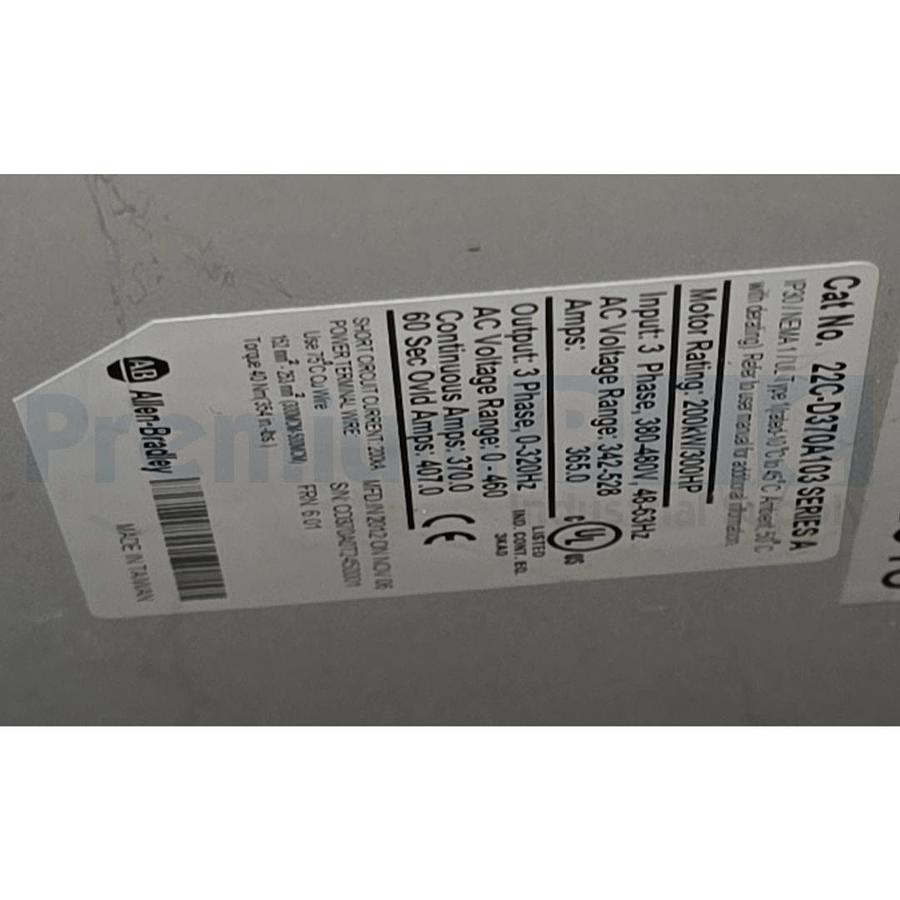 Used ALLEN BRADLEY 22C-D370A103 /A PowerFlex 400 FAN & PUMP AC DRIVE 300HP 480VAC 3PH
