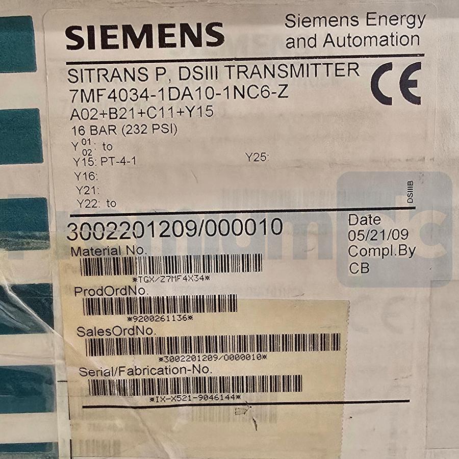 Used Siemens 7MF4034-1DA10-1NC6-Z A02+B21+C11+Y15 SITRANS P DS III P410 Transmitter