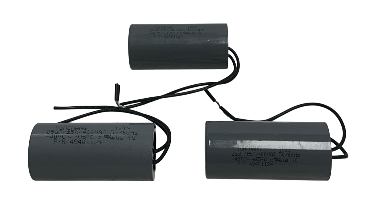 Used 3 BODINE YUCHANG 49401124 OEM CAPACITORS 400V METAL CAN TYPE 25MFD NSNP