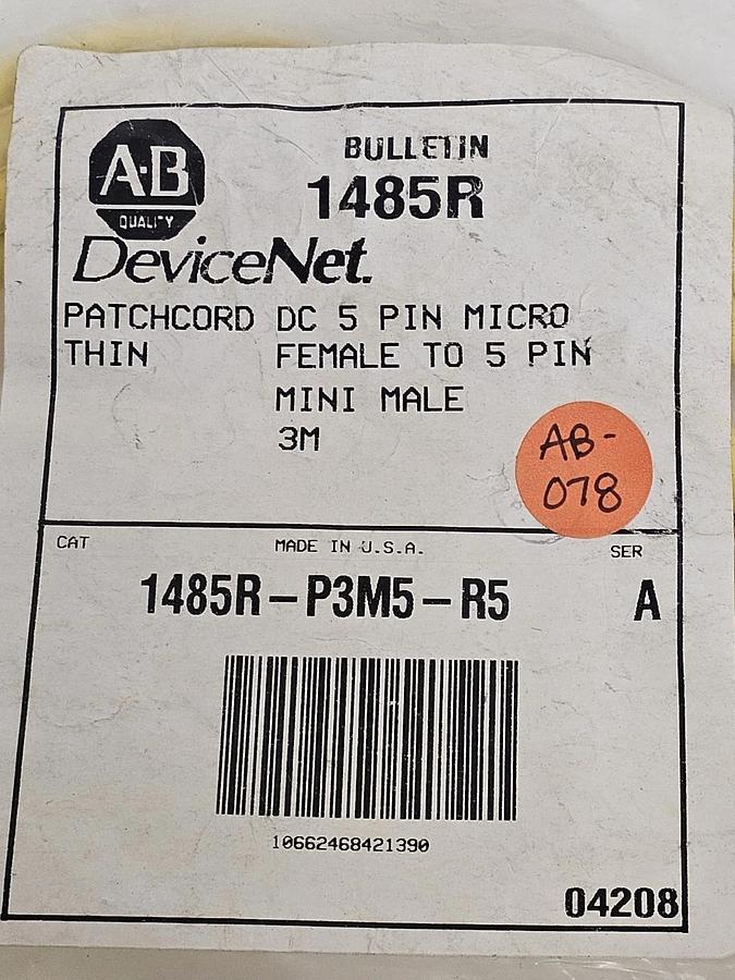Used NEW ALLEN BRADLEY 1485R-P3M5-R5 SER. A PATCHCORD DC 5-PIN 3M LENGTH 1485RP3M5R5