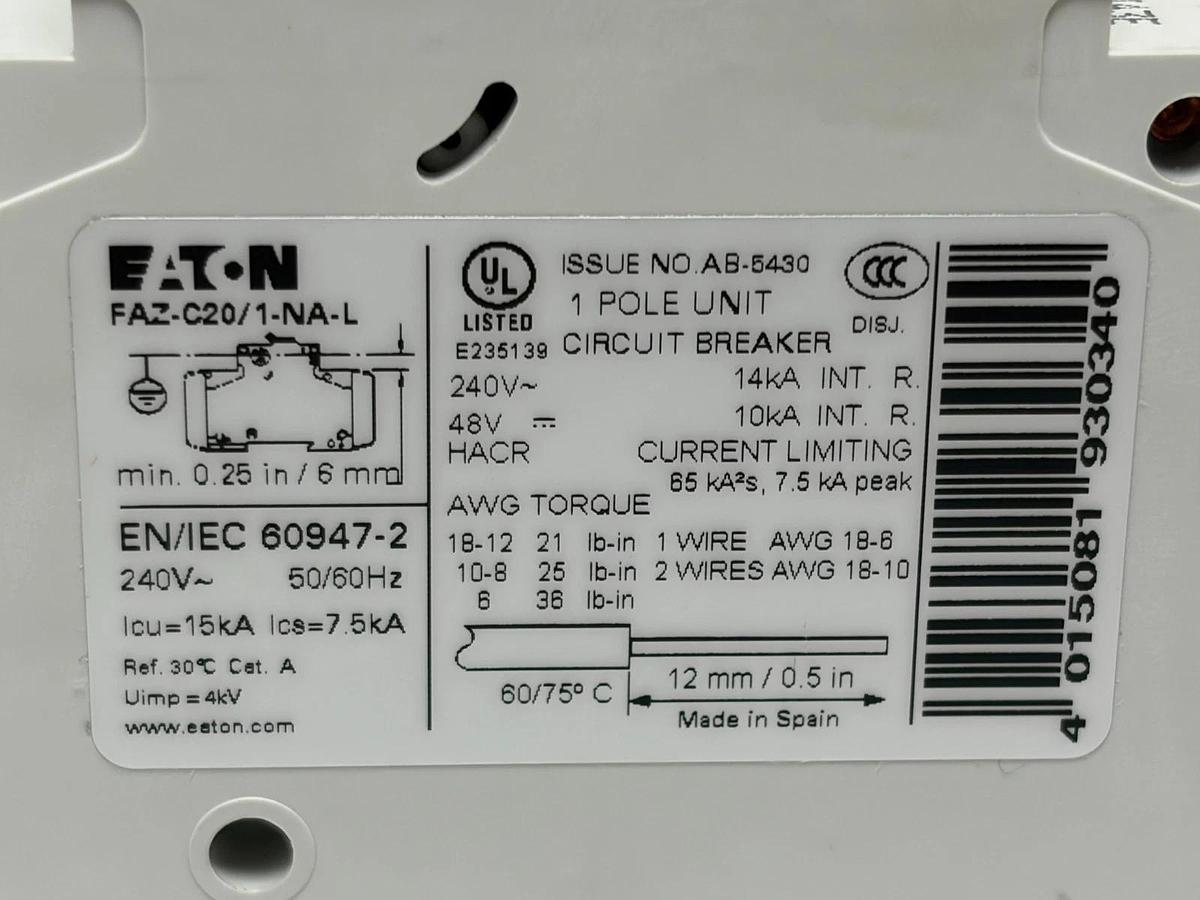 Eaton FAZ-C20/1-NA-L Miniature Circuit Breaker MCB 1 Pole 20A C Curve 240V New