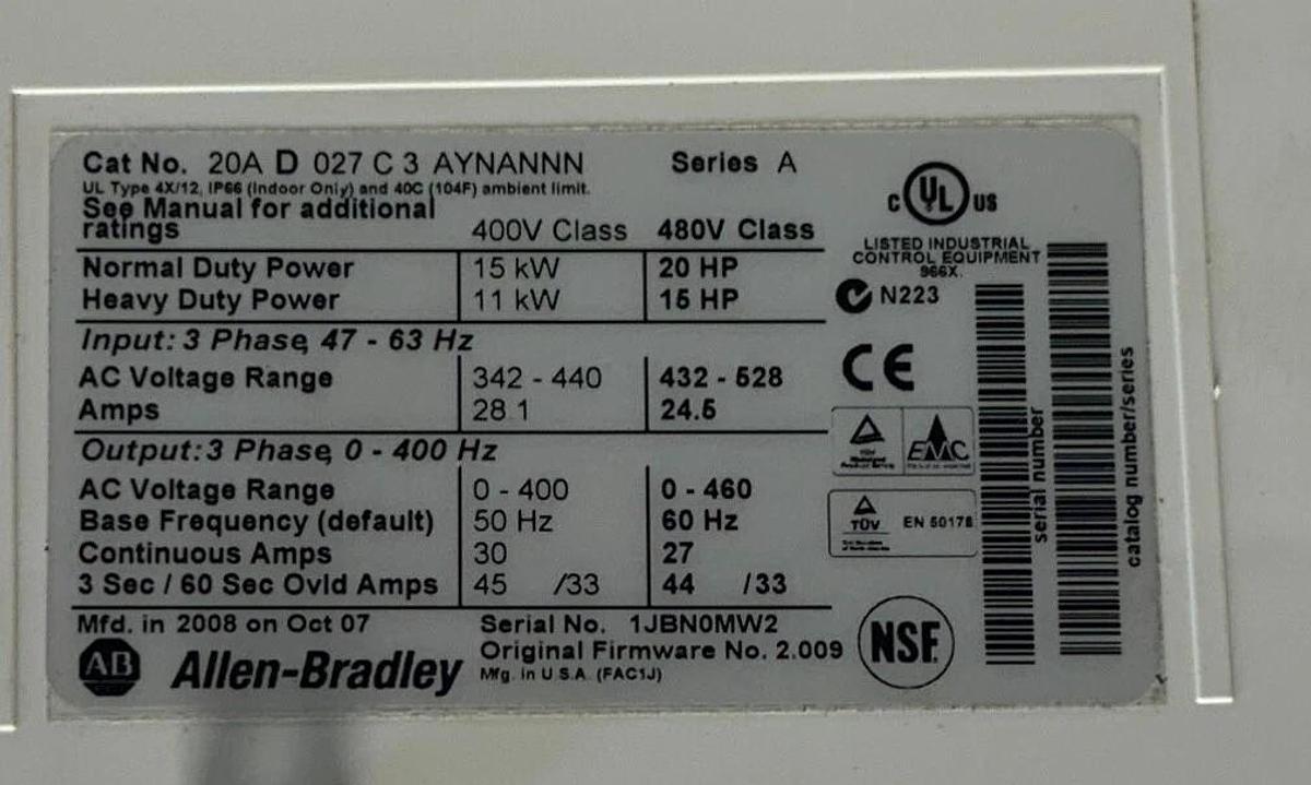 Used ALLEN BRADLEY 20AD027C3AYNANNN /A PowerFlex 70 AC DRIVE 15kW/20HP 480V USNP