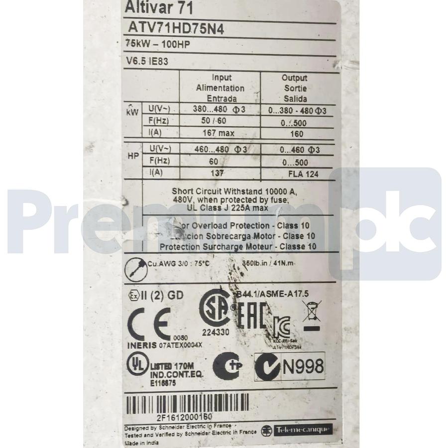 Used Schneider Electric ATV71HD75N4 Altivar 71 Variable Speed Drive 75kW/100HP 480V