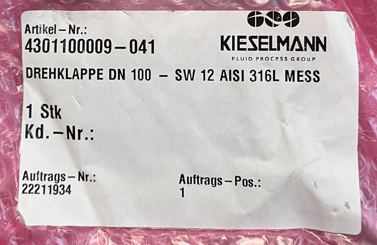 Used KIESELMANN 4301100009-041 / 4301100009041 ROTARY VALVE DN100 SW12 AISI 316L NSMP