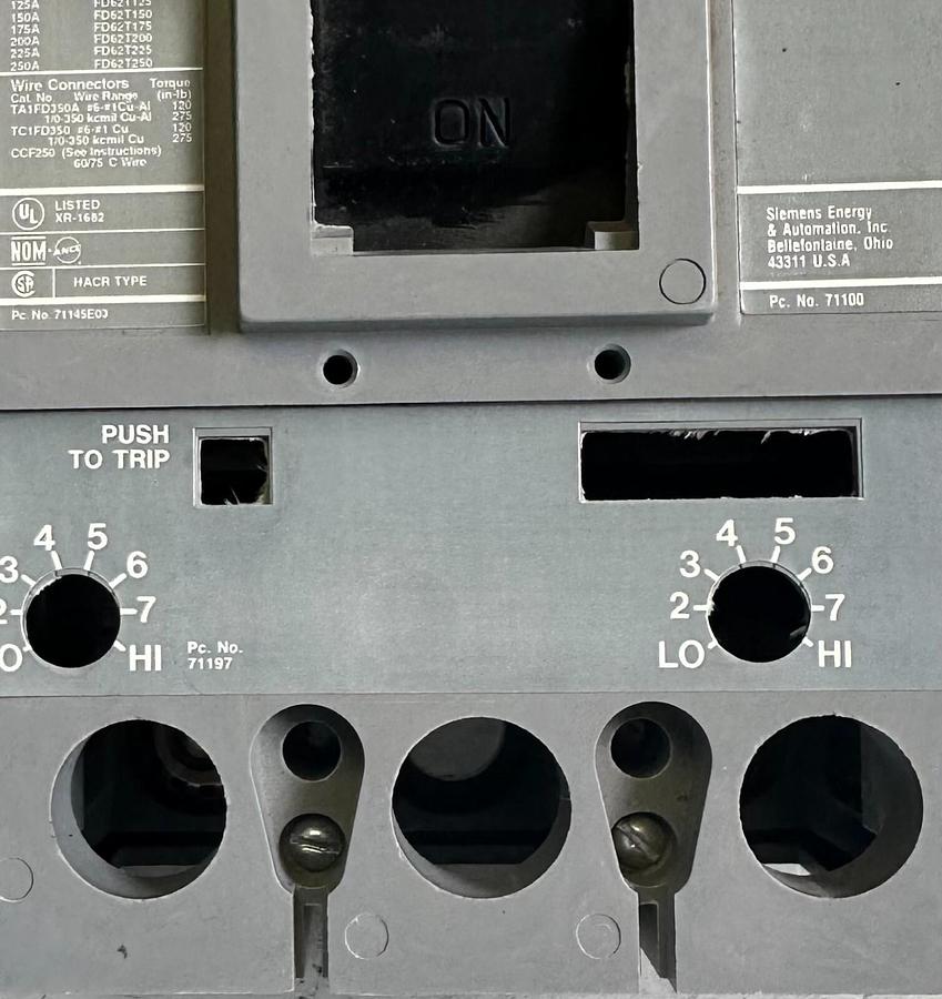 Used SIEMENS HFD62F250 /A Sentron Series CIRCUIT BREAKER 250A HFD6 FRAME ONLY NO TRIP