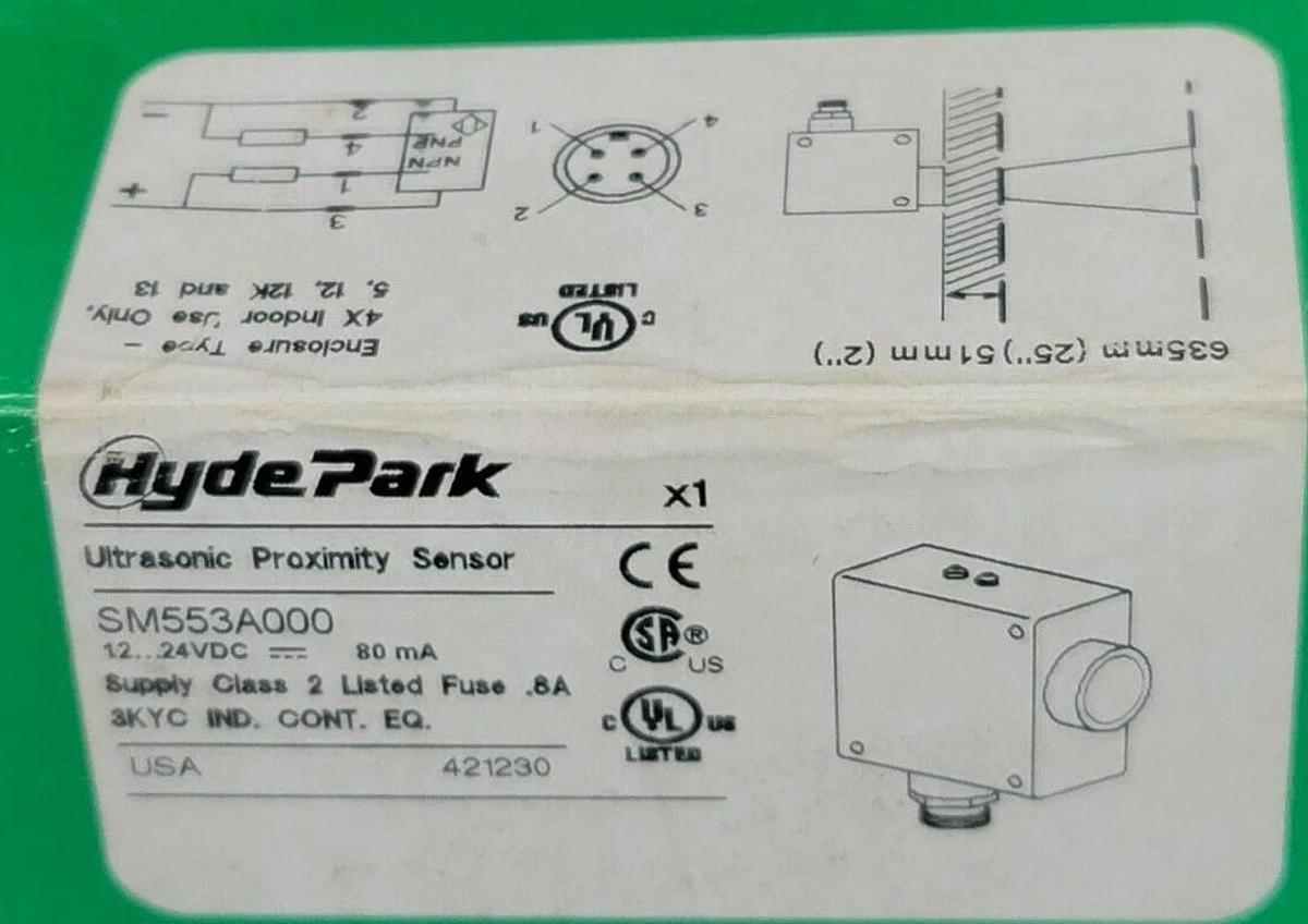 Used NIB SCHNEIDER ELECTRIC HYDE PARK SM553A000 ULTRASONIC PROXIMITY SENSOR
