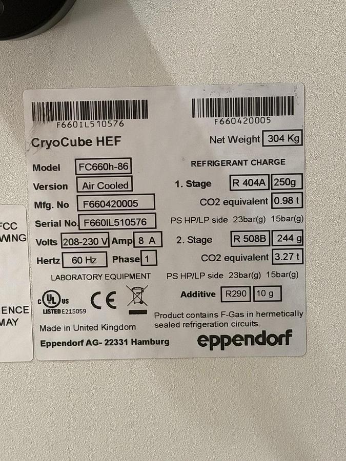Used EPPENDORF CRYOCUBE FC660C ULTRA-LOW TEMPERATURE FREEZER 660 L (for parts)