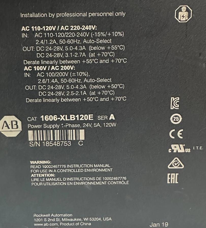 Used ALLEN BRADLEY 1606-XLB120E /A 1606-XLB POWER SUPPLY 110-120/220-240Vac 1-PH 120W