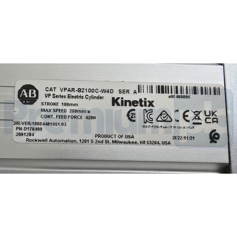 Used ALLEN BRADLEY VPAR-B2100C-W4D /A VP-Series ELECTRIC CYLINDER w/VPL-B0633M-W-X220