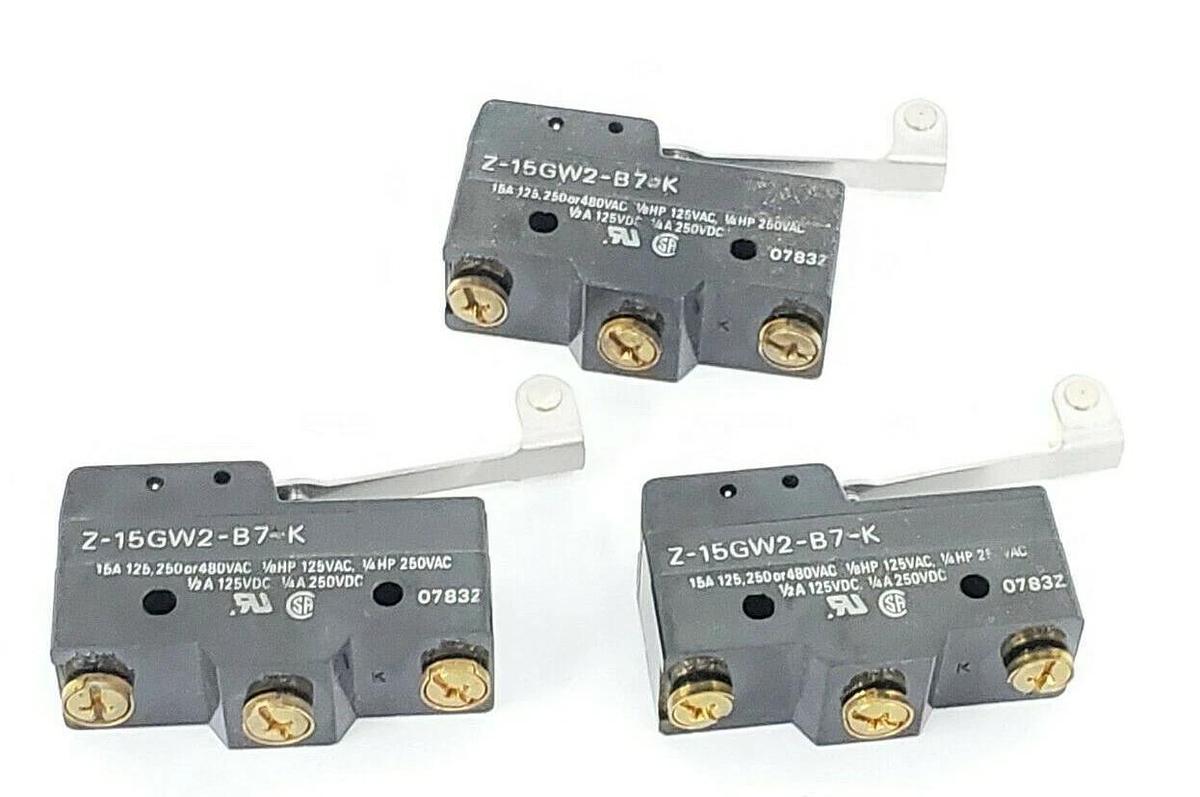 Used LOT OF 3 OMRON Z-15GW2-B7-K ROLLER LIMIT SWITCHES 15A 125-250-480VAC Z15GW2B7K