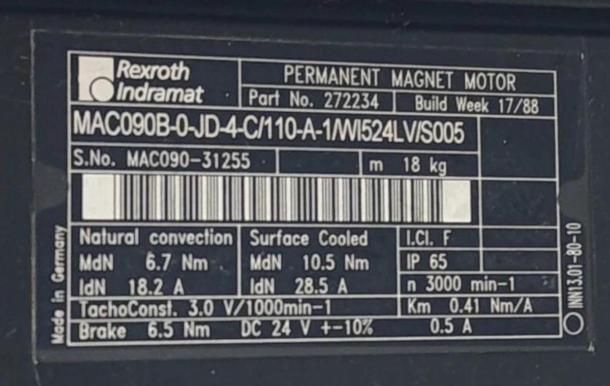 Refurbished REPAIRED BOSCH INDRAMAT MAC090B-0-JD-4-C/110-A-1/WIS24LV/S005 SERVO MOTOR 272234
