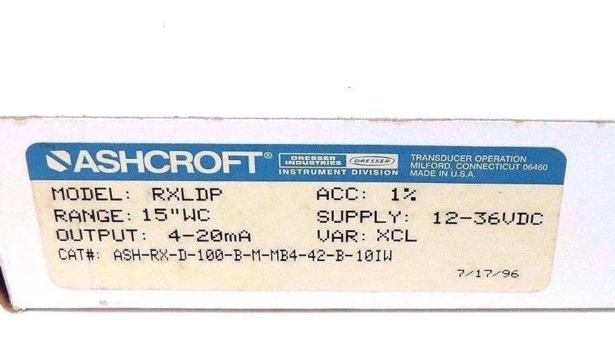 NIB ASHCROFT ASH-RX-D-100-B-M-MB4-42-B-10IW PRESSURE TRANSMITTER 4-20MA, RXLDP