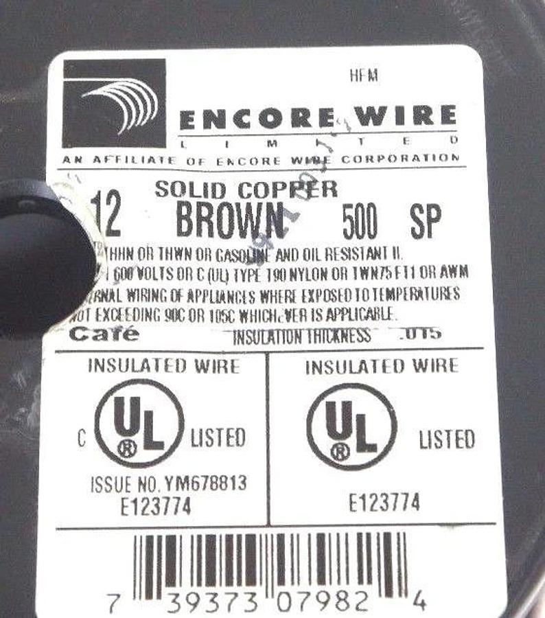 Used NEW ENCORE WIRE YM678813 12 AWG BROWN SOLID COPPER WIRE 500FT E123774