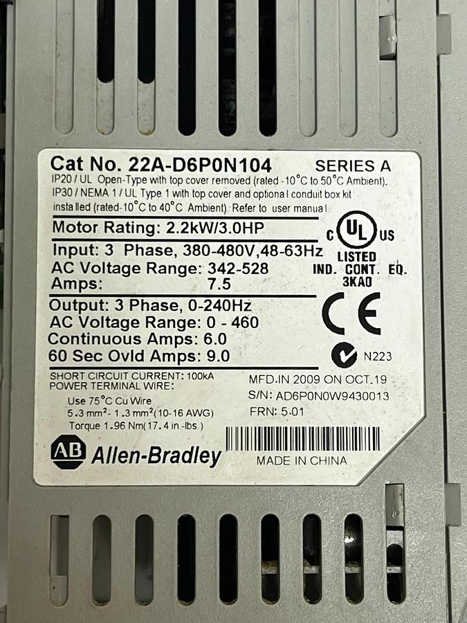 Used Allen-Bradley 22A-D6P0N104 PowerFlex 4 VFD 3HP 480V 3-Phase AC Motor Drive