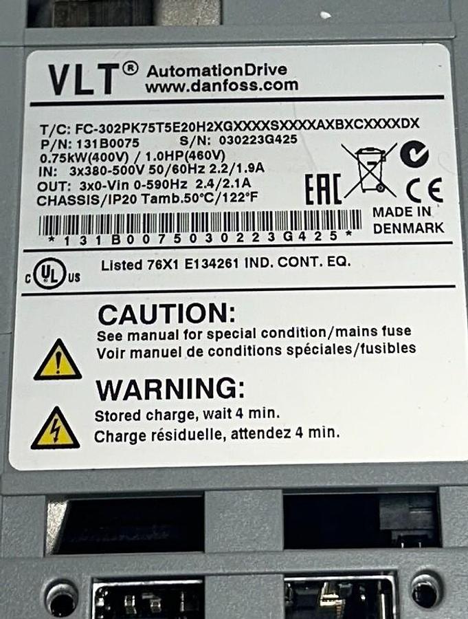 Used DANFOSS FC-302PK75T5E20H2XGXXXXSXXXXAXBXCXXXXDX / 131B0075 VLT DRIVE 1HP NSMP
