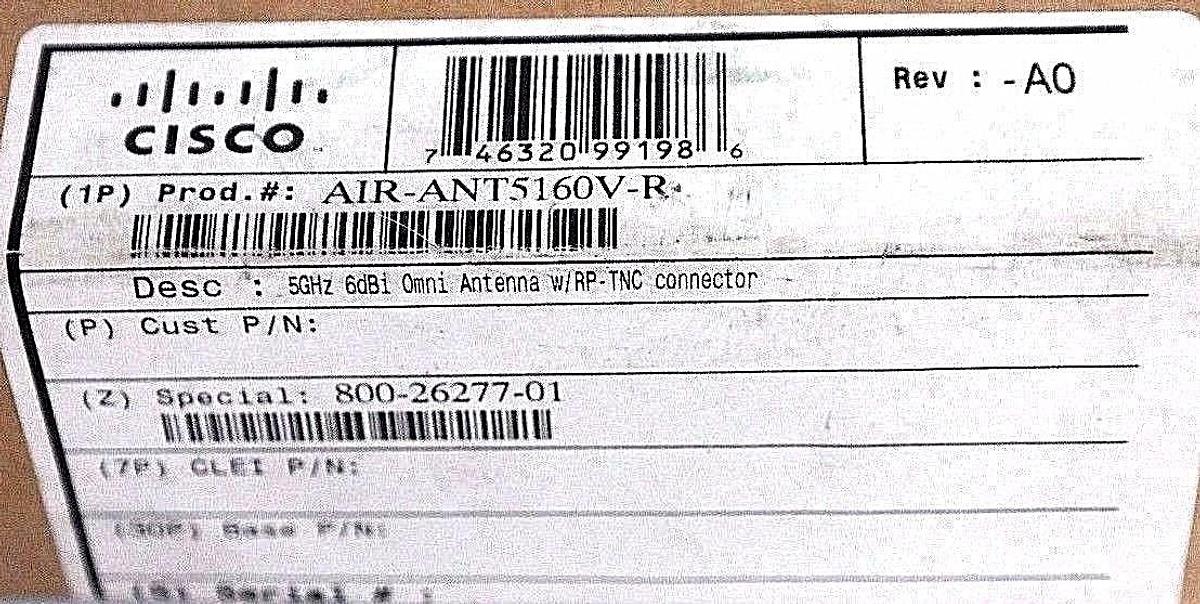 NIB CISCO AIR-ANT5160V-R 50HZ 6DBI OMNI ANTENNA W/ RP-TNC CONNECTOR REV: -A0