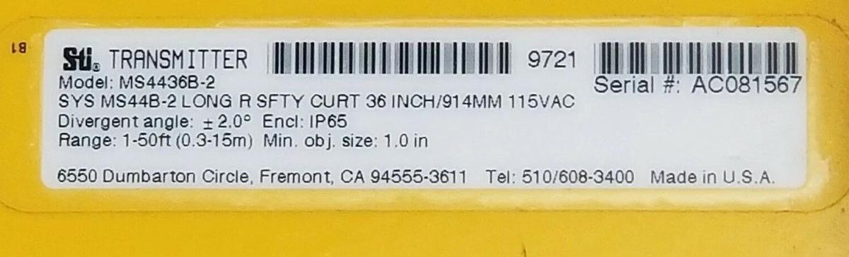 Used SET OF STI MODEL: MS4436B-2 LIGHT CURTAIN SET SYS MS44B-2 36 IN. 914MM 115VAC
