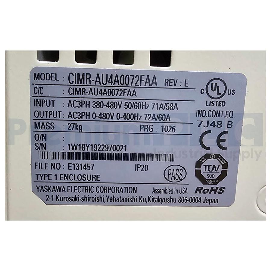 Used NEW YASKAWA CIMR-AU4A0072FAA REV. E A1000 SERIES AC DRIVE VFD 50HP 480V NSNP
