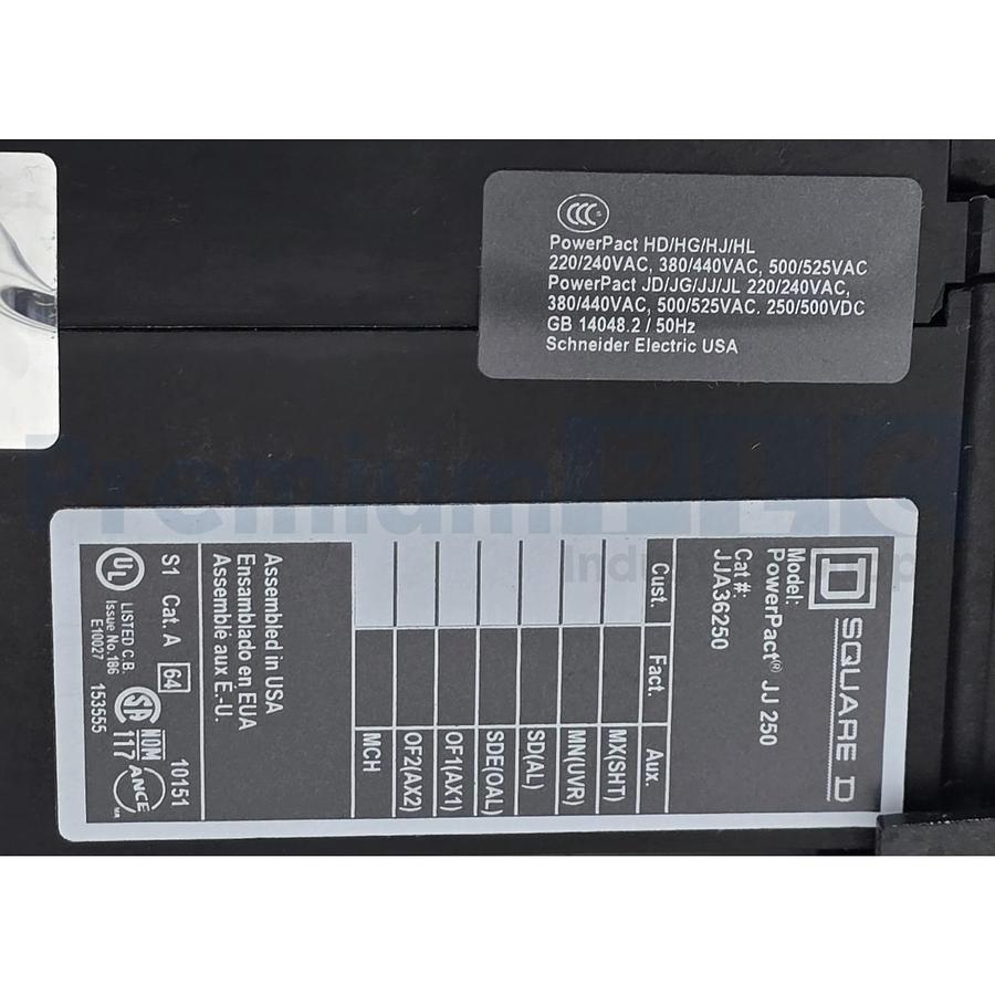 Used SQUARE D JJA36250 PowerPact JJ 250 CIRCUIT BREAKER 250A, 3-POLE, 600VAC NSNP