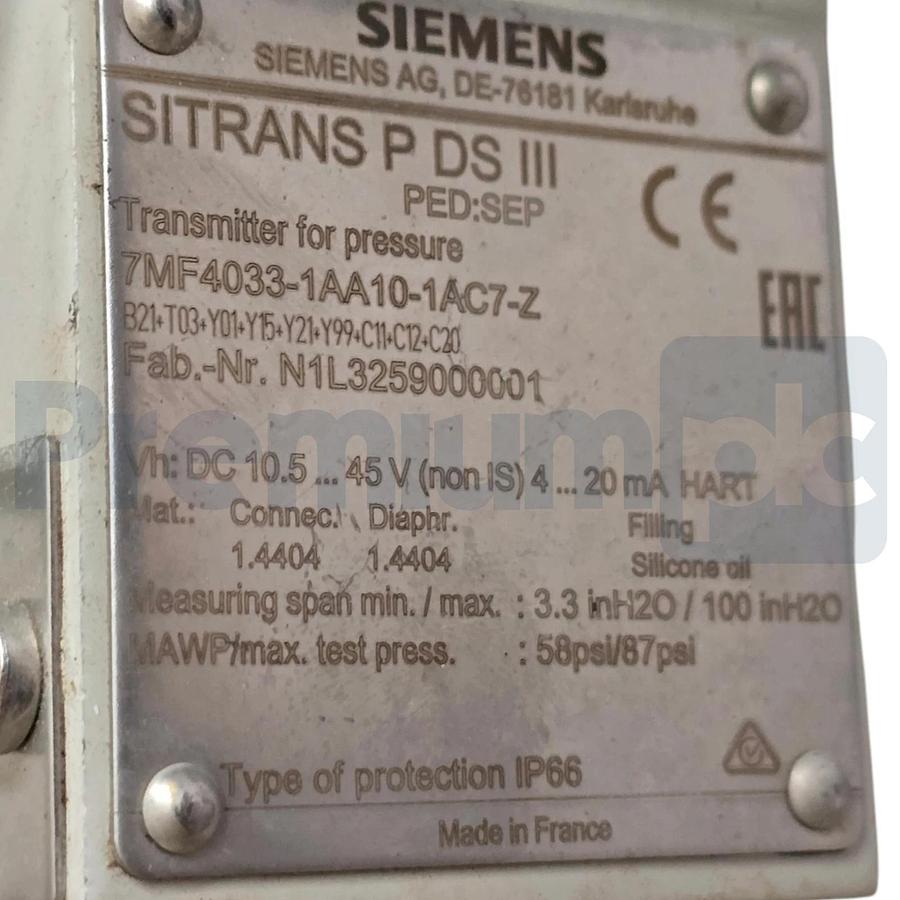 Used Siemens 7MF4033-1AA10-1AC7-Z SITRANS P DS III Pressure Transmitter + 7MF9011-4FA
