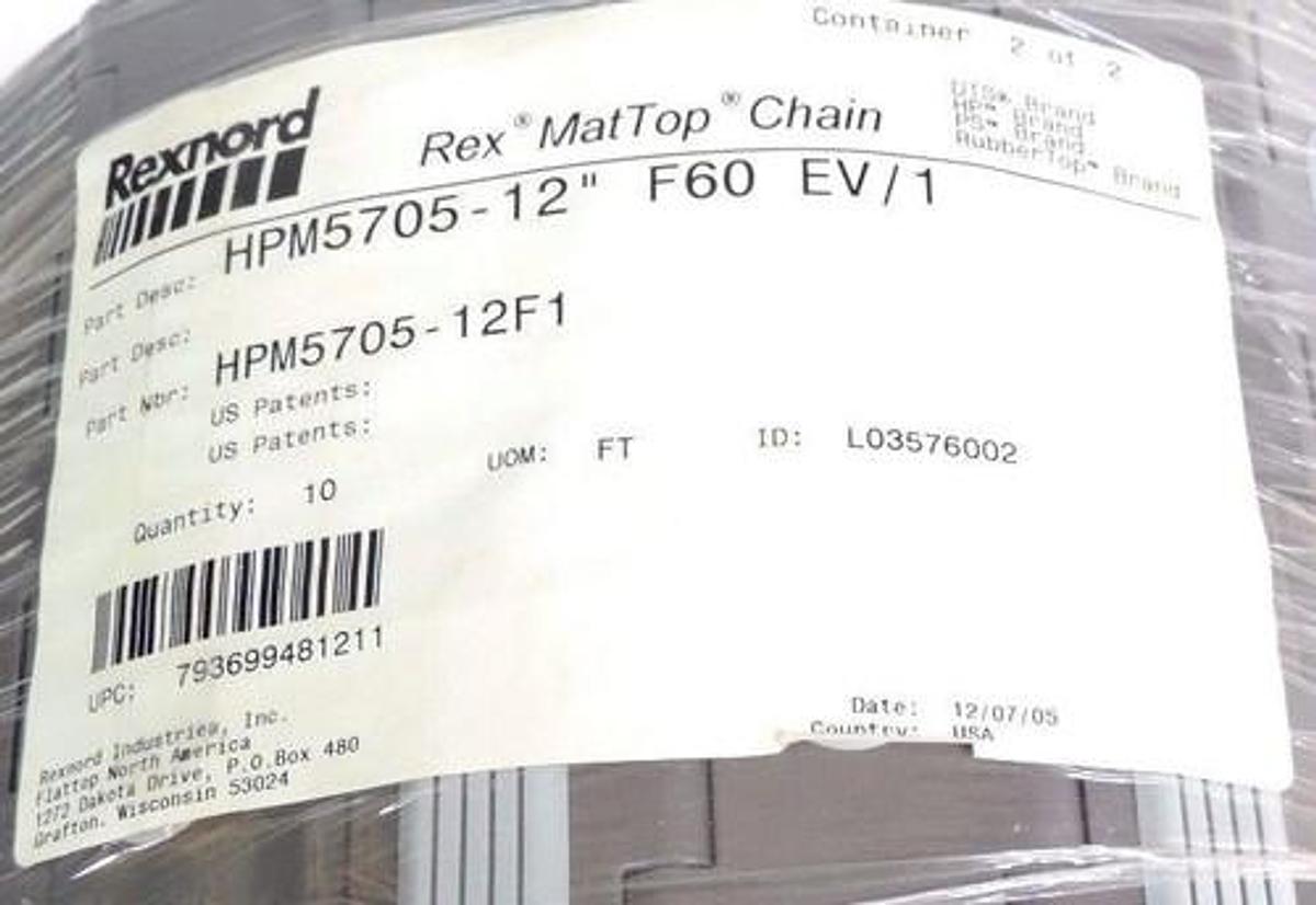 Used NEW REXNORD HPM5705-12F1 10FT MAT-TOP CHAIN HPM5705-12" F60 EV/1