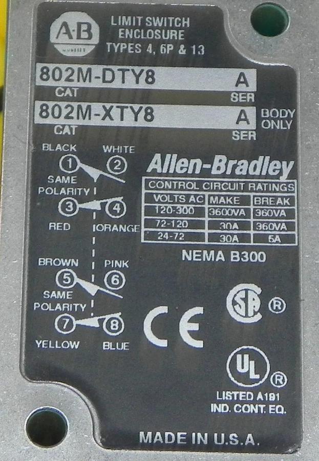 Used ALLEN BRADLEY 802M-DTY8 ROLLER LIMIT SWITCH 802M-XTY8 W/ 802M-DX OPERATING HEAD