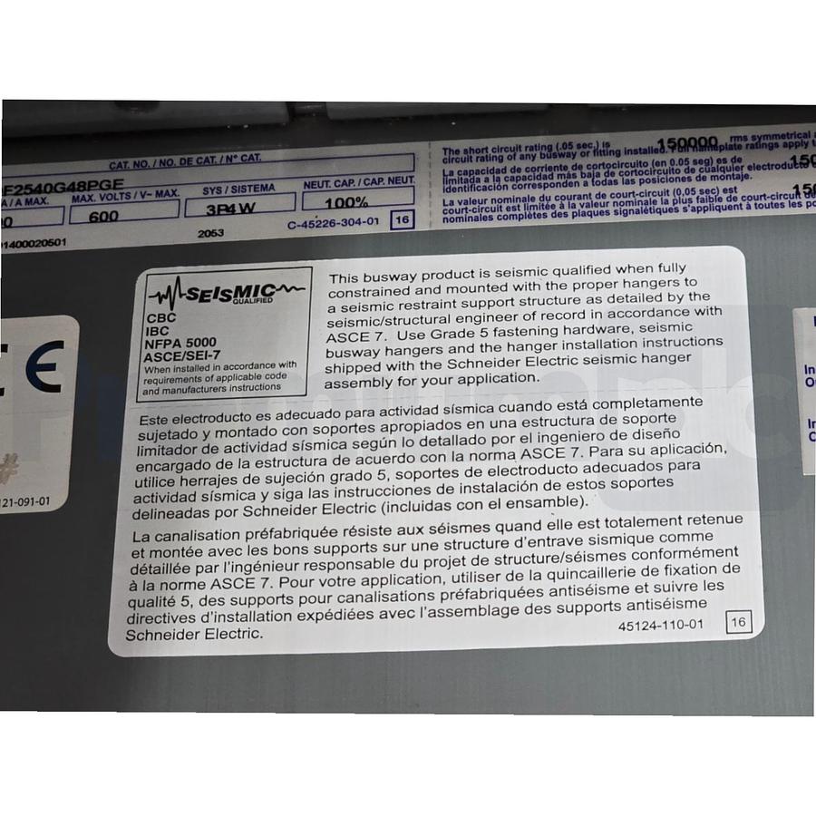 Used Square D COF2540G48PGE I-Line II Feeder Busway Straight 600VAC 4000A 3Ph 4W NEW