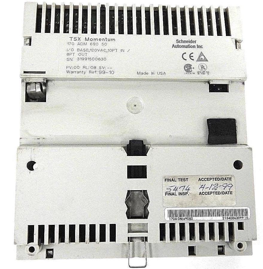 Used SCHNEIDER MODICON 170ADM69050 I/O BASE, 120VAC, 10PT IN / 8 PT OUT, PV:00, RL:08