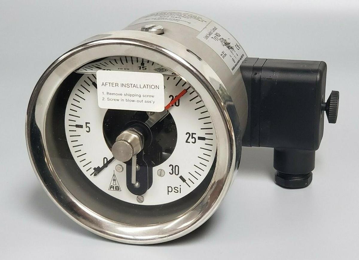 Used AB / WABASH M2-MSR010 PRESSURE GAUGE W/ TYPE: M2 SWITCH CONTACT 0-30/PSI 1 CON.