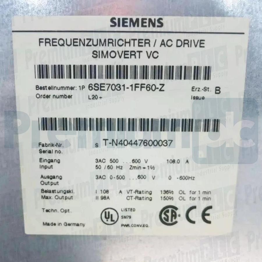 NEW SIEMENS 6SE7031-1FF60-Z L20+ AC DRIVE SIMOVERT VC 100HP 6SE7031-1FF60 Z+L20