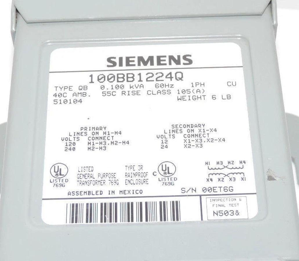 Used SIEMENS 100BB1224Q BUCK-BOOST TRANSFORMER TYPE: QB, 0.100 KVA, 60HZ, 1PH