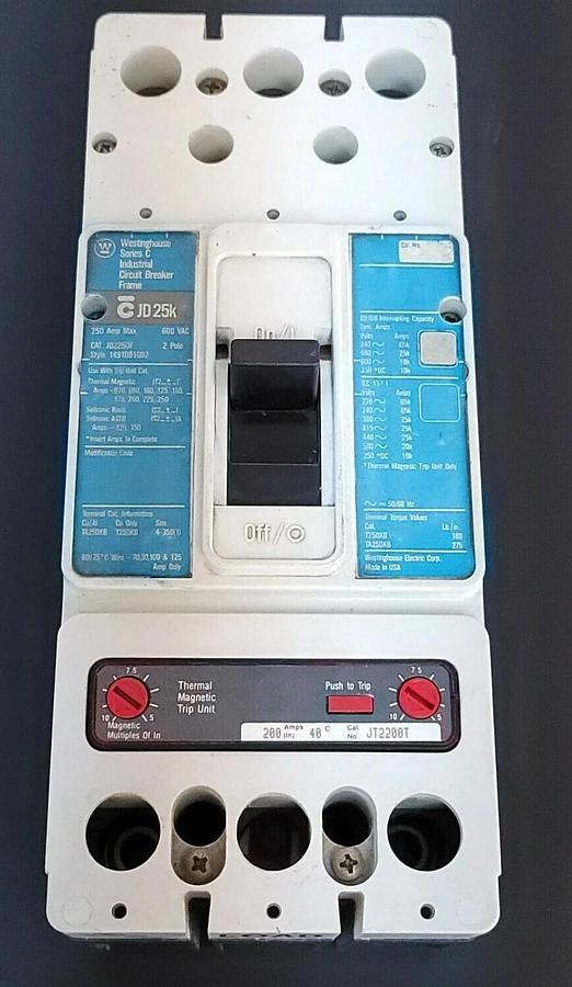 Used WESTINGHOUSE JD2250F CIRCUIT BREAKER 1491D81G02 2P 600VAC 250AMP JT2200T TRIP