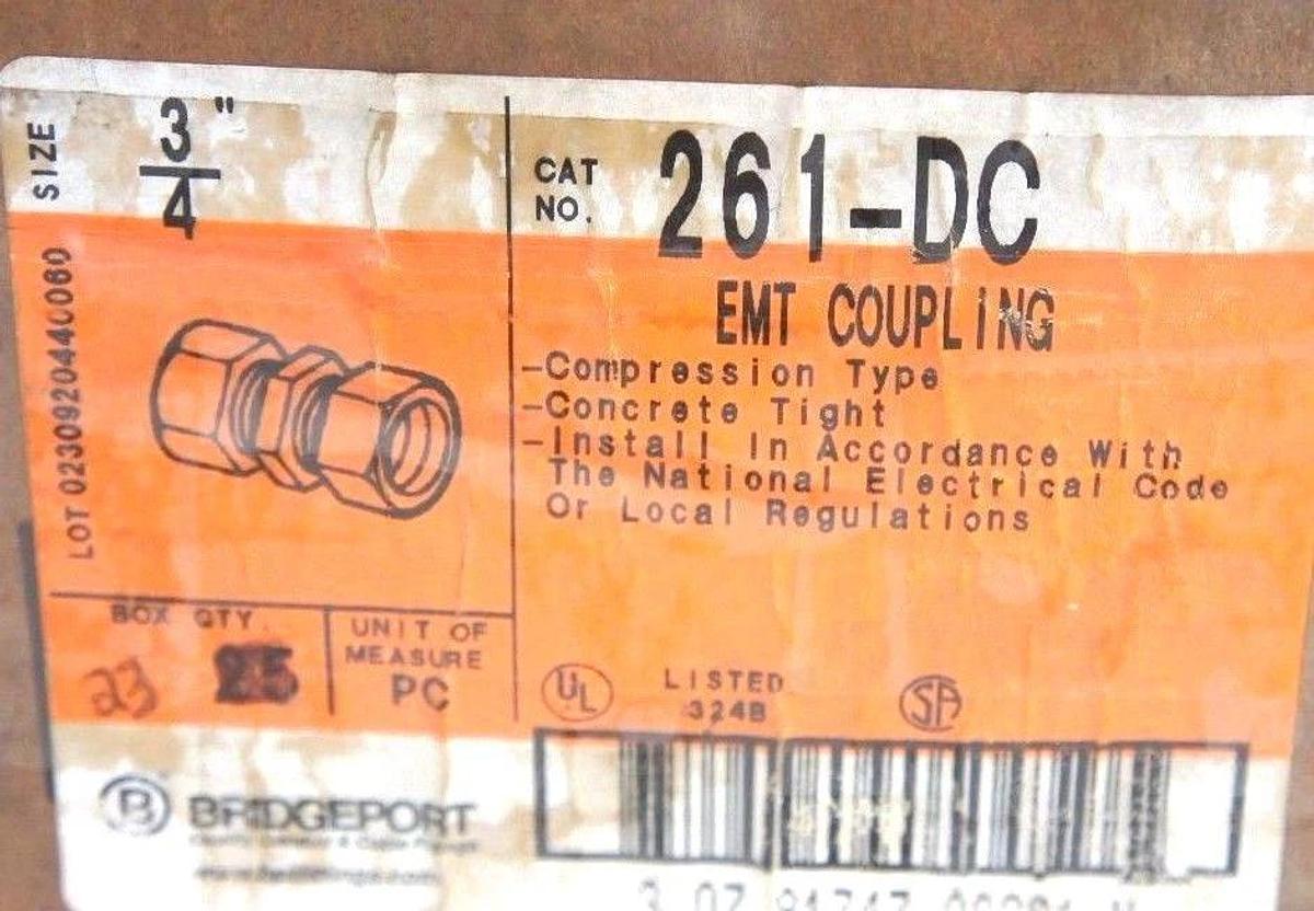 BOX OF 23 BRIDGEPORT 261-DC EMT COUPLINGS 3/4" COMPRESSION TYPE CONCRETE TIGHT