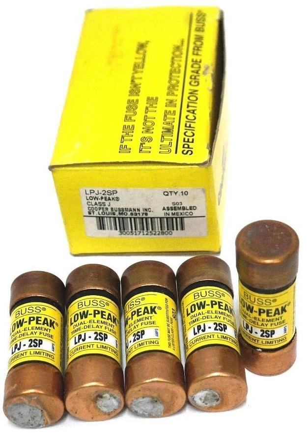 BOX OF 5 NEW COOPER BUSSMANN LPJ-2SP LOW-PEAK DUAL ELEMENT FUSES LPJ2SP