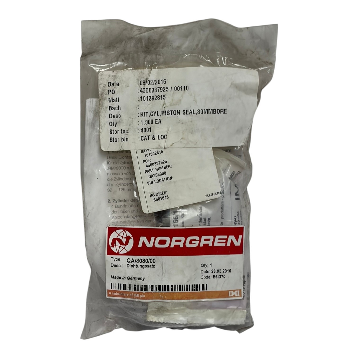 Used Norgren QA/8080/00 Cylinder Piston Seal Repair Kit 80mm Bore New
