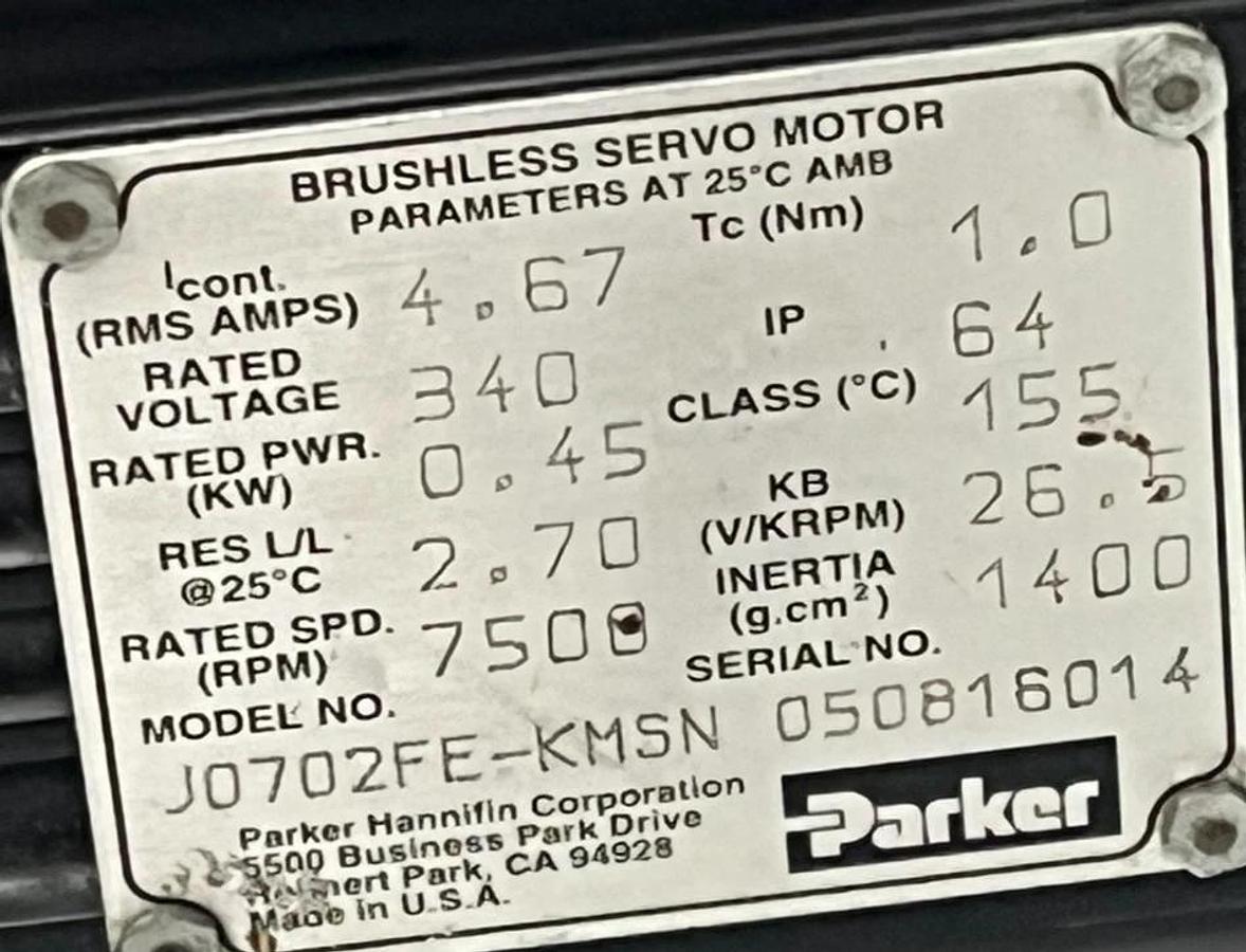 Used PARKER J0702FE-KMSN Servo Motor w/ PS90-010-SH Gearhead 10:1 Ratio 115V AC