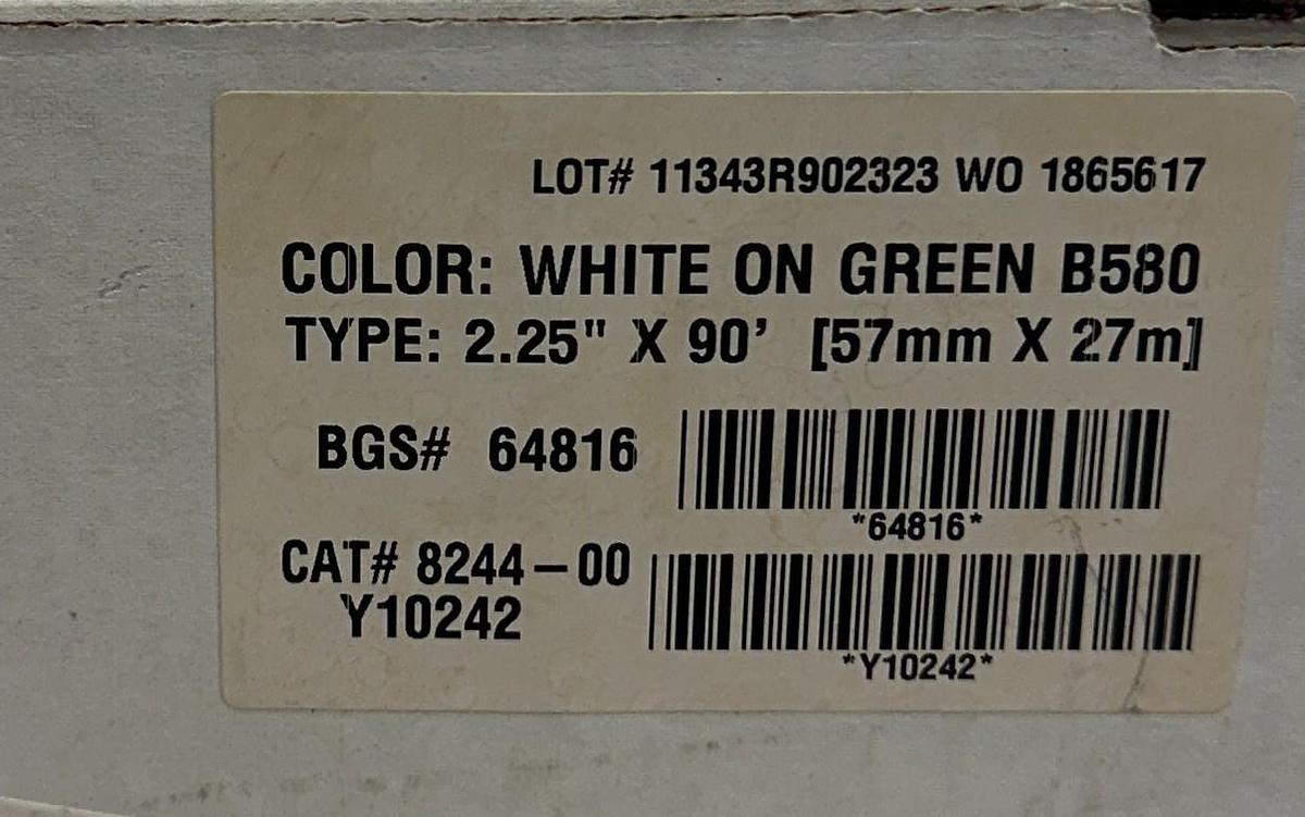 Used BRADY 8244-00 / 824400 WHITE ON GREEN B580 TYPE: 2.25''X90' (57mmX27mm) NSMP