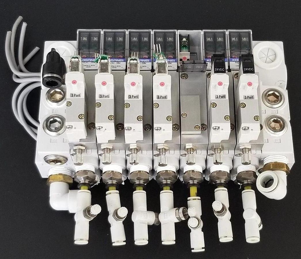 Used KOGANEI PBM7P-3W SOLENOID VALVE BLOCK, GA110E1-PSL-1L-7W, PB24C-38W, PB24C-39W