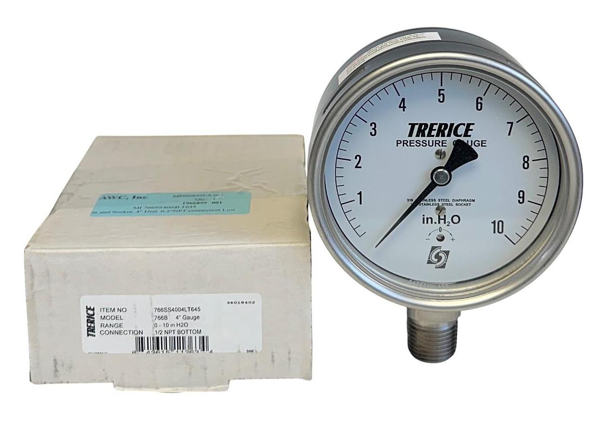TRERICE 766SS4004LT645 / 766B PRESSURE GAUGE 0-10'' H2O 4'' GAUGE 1/2''NPT NSMP