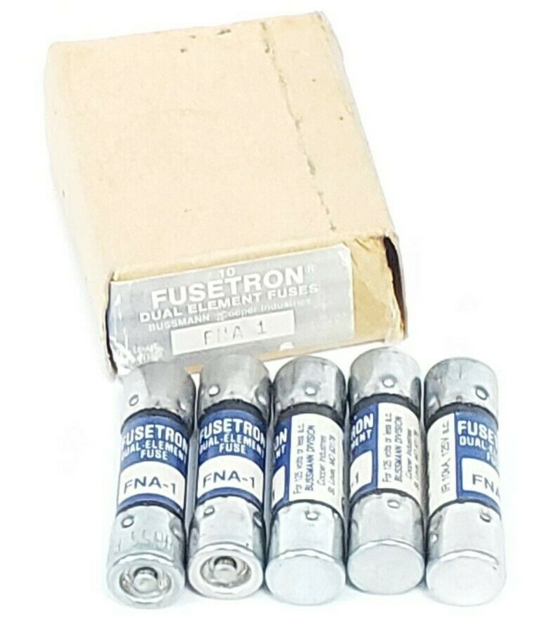 Used BOX OF 5 NEW COOPER BUSSMANN FUSETRON FNA-1 DUAL-ELEMENT FUSES FNA1
