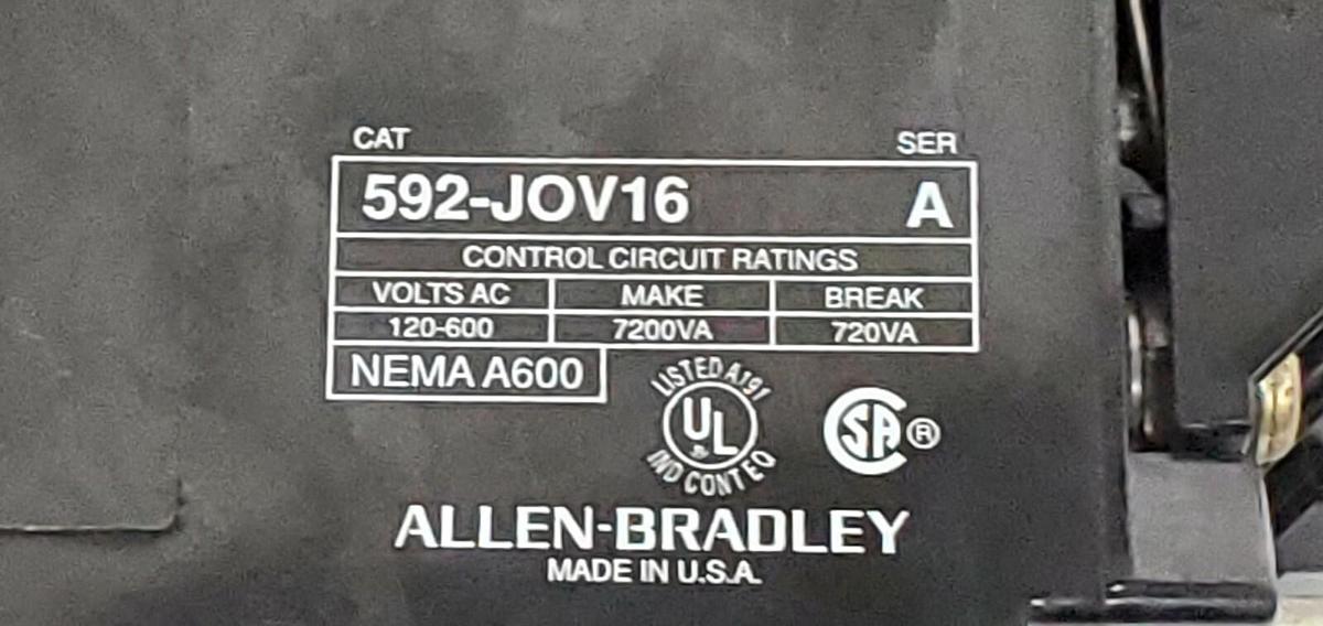 Used LOT OF 3 ALLEN-BRADLEY 592-JOV16 SER. A OVERLOAD RELAYS 3POLE, 120-600VAC