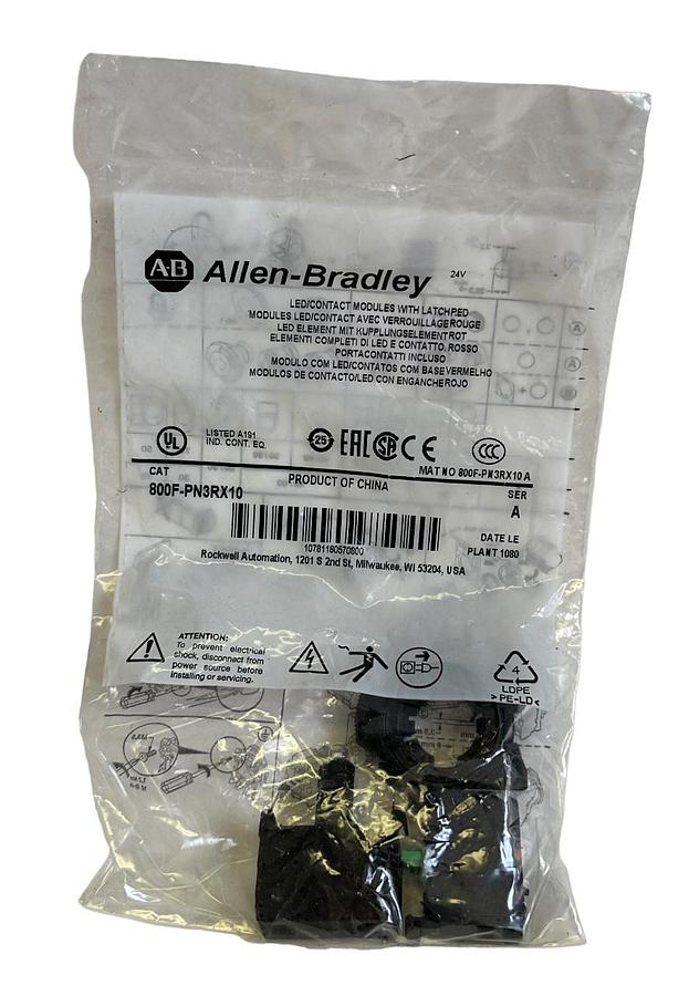 Used NEW SEALED ALLEN BRADLEY 800F-PN3RX10 /A LED/CONTACT MODULE RED 800FPN3RX10