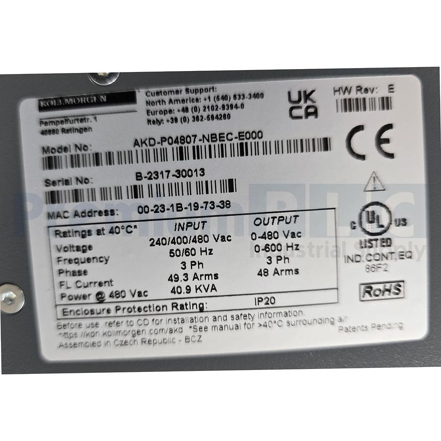 Used KOLLMORGEN AKD-P04807-NBEC-E000 AKD SERIES AC SERVO DRIVE EtherCAT COMM. NSMP