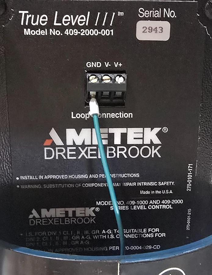 Used AMETEK Drexelbrook 409-2000-001 True Level III Level Control 409-1000 w/Probe