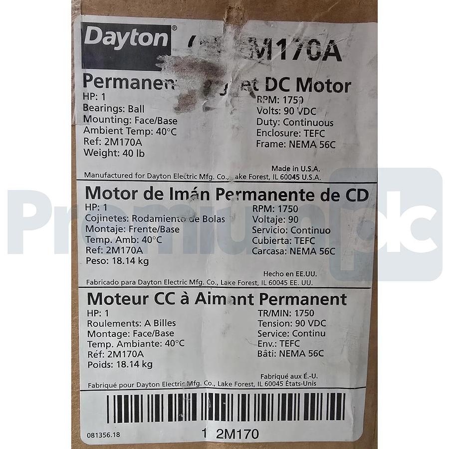 Dayton 2M170A | 2M170 DC Permanent Magnet Motor 1HP 1750RPM 90VDC 56C TEFC NSMP