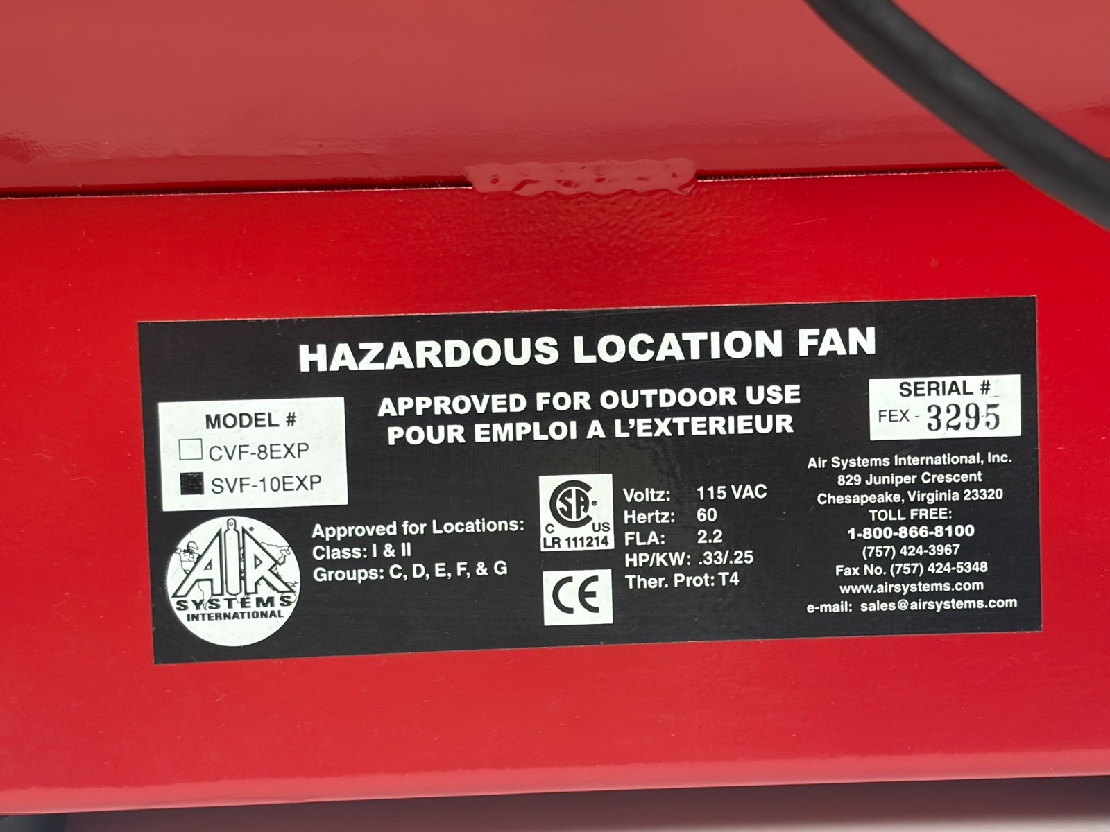 Used Air Systems SVF-10EXP Hazardous Location Explosion Proof Axial Fan 115V Used